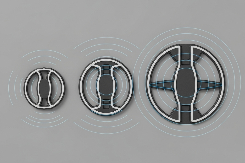 Different sized metal detector search coils showing depth penetration capabilities for advanced treasure hunting techniques