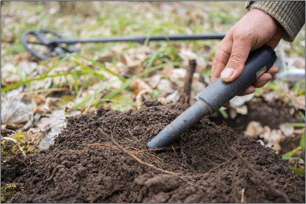 Image showing a man using a pinpointer metal detector.