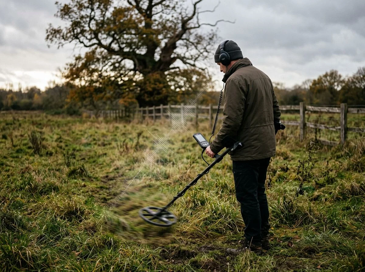 Metal detectorist mid-swing with a subtle soundwave visual showing signal delay