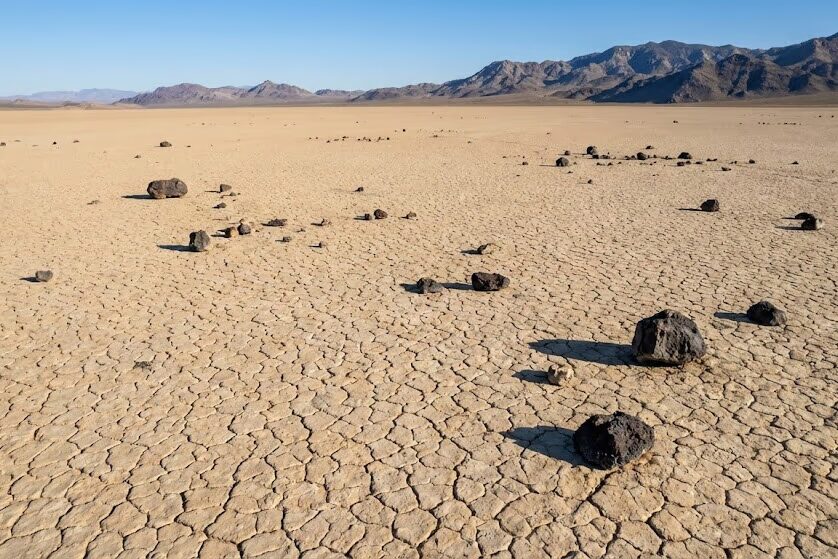  Dry lakebed playa with scattered dark meteorites visible on light surface ideal for space rock hunting