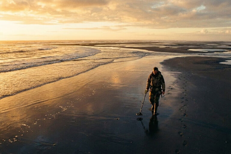 Metal detectorist hunting exposed wet sand beach at low tide with detector coil near waterline during optimal four-hour window