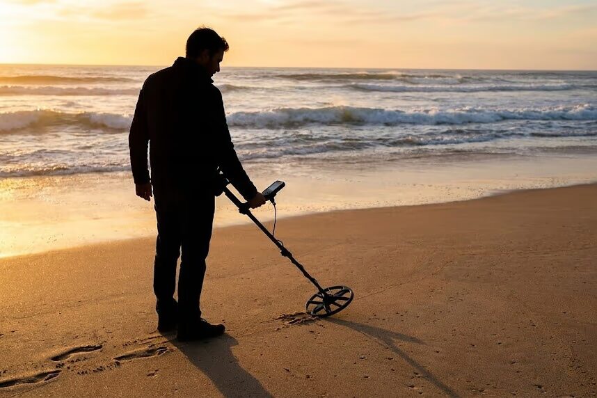 Person metal detecting on sandy beach during sunrise with Nokta Simplex Ultra waterproof beach metal detector