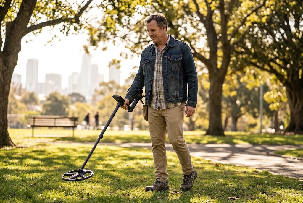 Beginner metal detectorist in a city park swinging a lightweight XP ICON wireless metal detector on a sunny afternoon