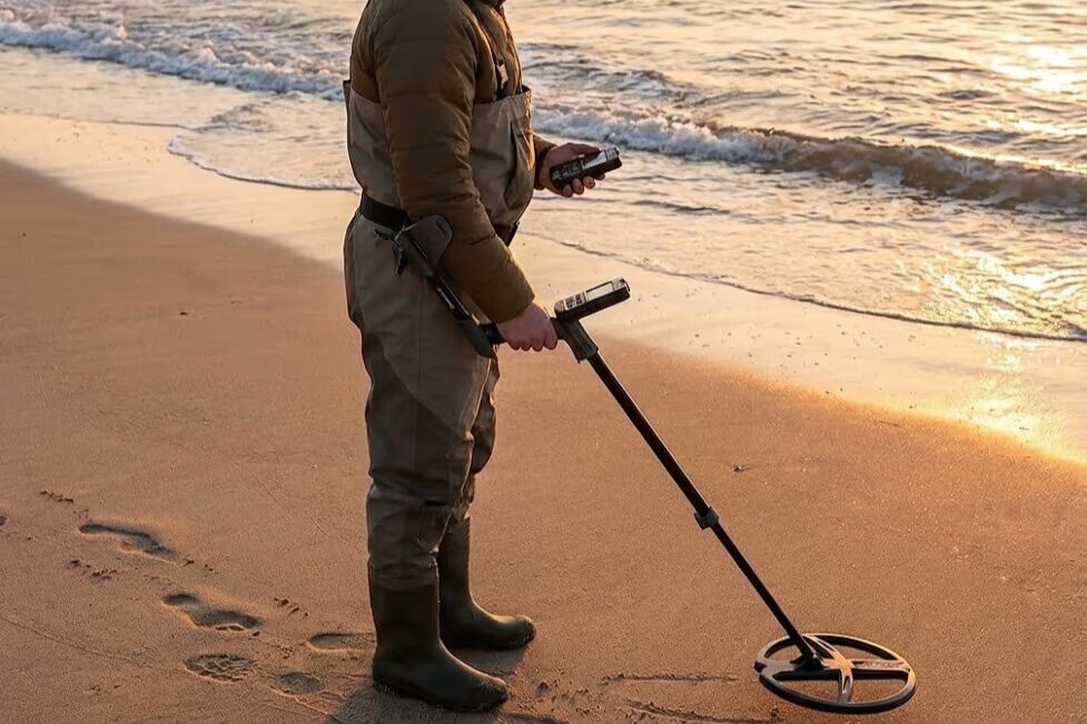 Metal detectorist using waterproof detector on wet beach sand for saltwater treasure hunting