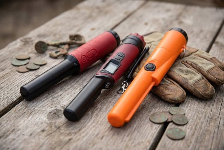 Orange Garrett Pro-Pointer AT pinpointer next to budget DR.OTEK and premium Minelab pinpointers on detecting equipment background