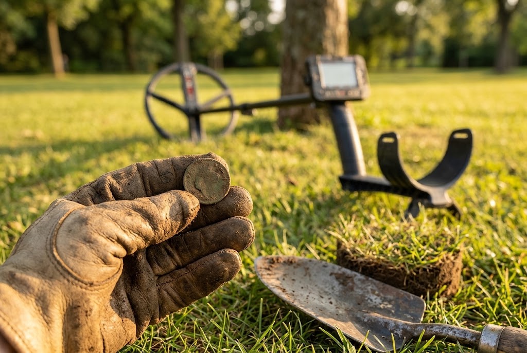 Hand holding an old recovered coin in a park, best metal detector for coin hunting beginners