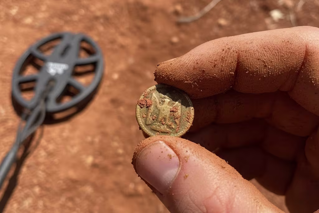 Hand holding recovered Civil War era button artifact found with metal detector in challenging iron-rich mineralized red clay soil