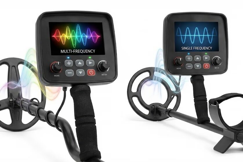 Different metal detector models showing Multi-IQ technology waves versus single frequency waves for tone system comparison