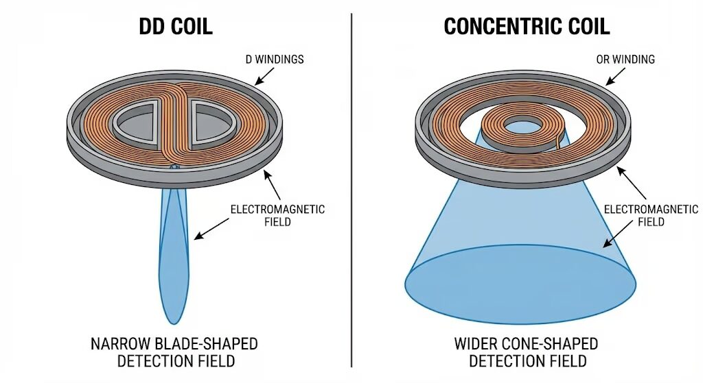 DD coil blade-shaped electromagnetic field pattern compared to concentric coil cone-shaped detection pattern diagram