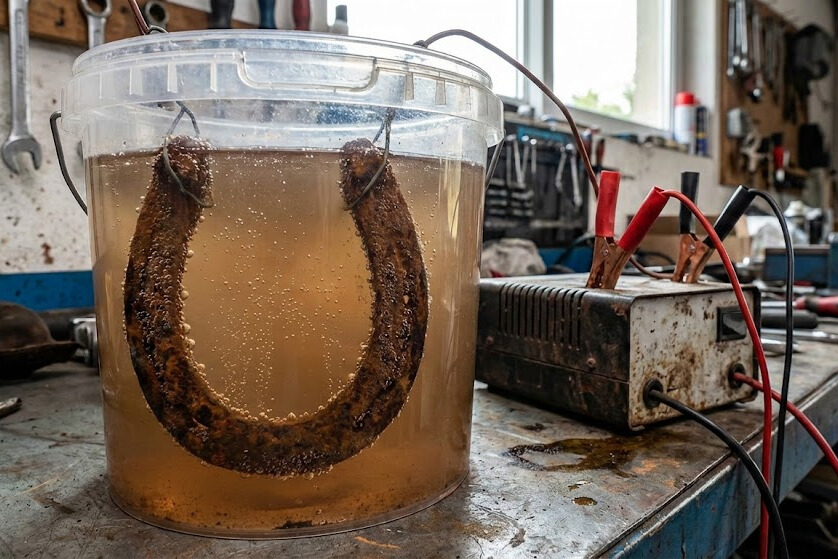 DIY Electrolysis Tank Removing Rust from Civil War Horseshoe