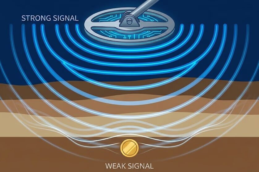 Visual representation showing metal detector signal strength decreasing dramatically with target depth