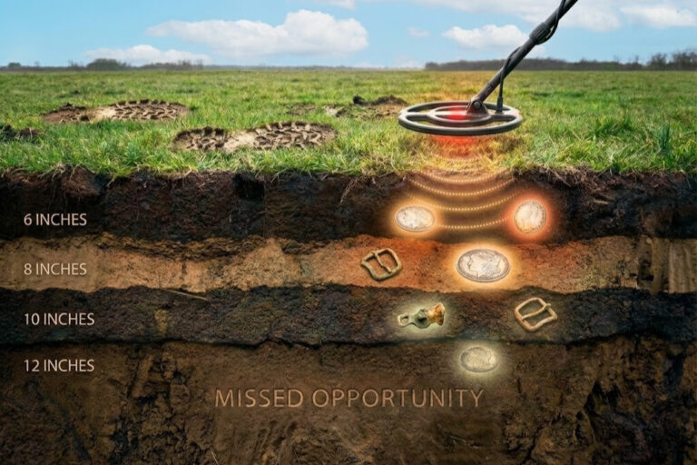 Metal detectorist's footprints walking over cross-section view showing valuable silver coins buried 8-12 inches deep in soil