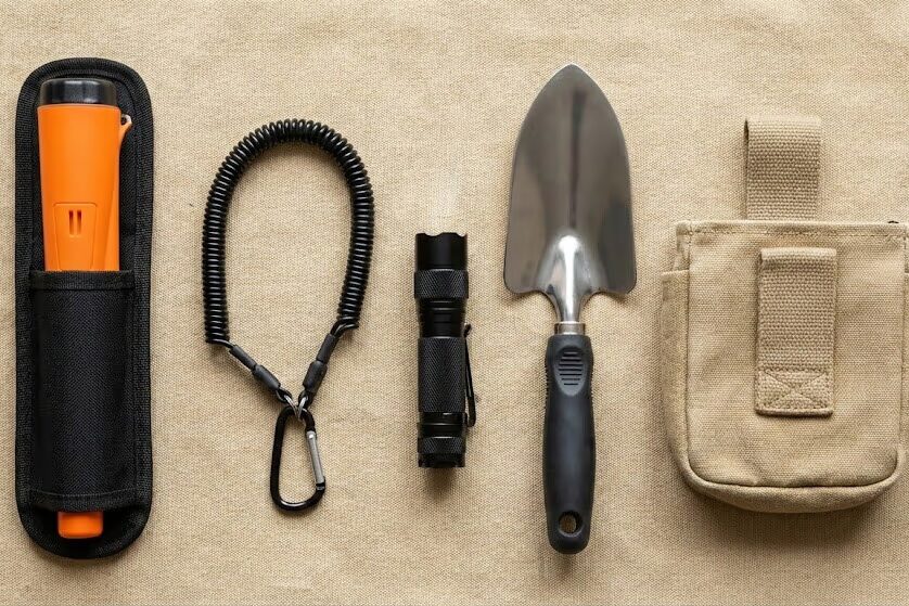 Metal detecting pinpointer with holster lanyard LED flashlight and recovery tools on equipment belt