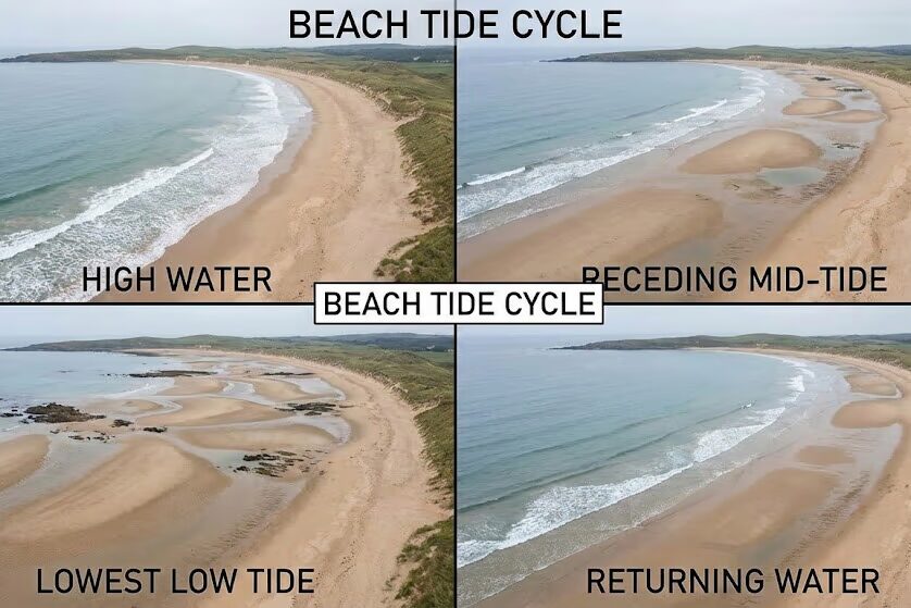 Beach waterline progression showing two hours before low tide through two hours after for optimal beach treasure hunting timing