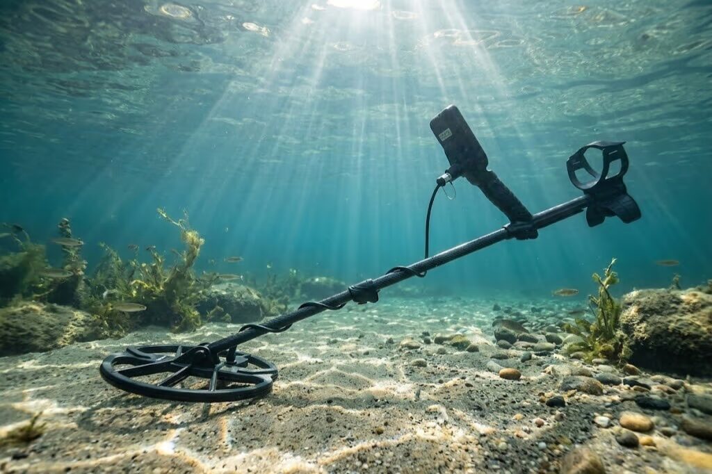 Metal detector completely submerged underwater demonstrating 16 feet waterproof rating for underwater treasure hunting