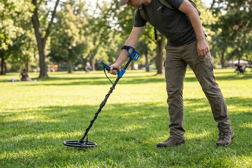 Metal detectorist searching for coins in grassy park area with Garrett Vortex waterproof detector