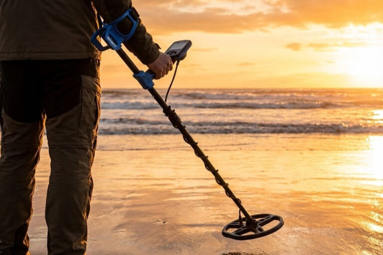 Person using Garrett Vortex waterproof metal detector on sandy beach at sunset with surf in background