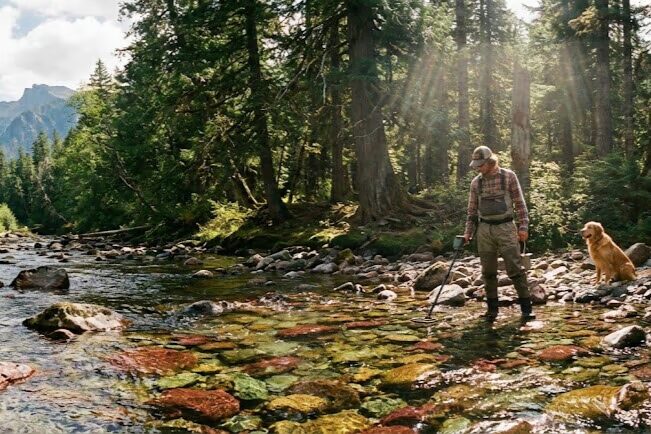 Gold prospector using metal detector in shallow mountain creek searching for gold nuggets in rocky streambed