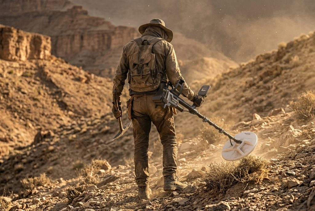 Gold prospector swinging a pulse induction detector with a hip harness on a rocky hillside to reduce fatigue