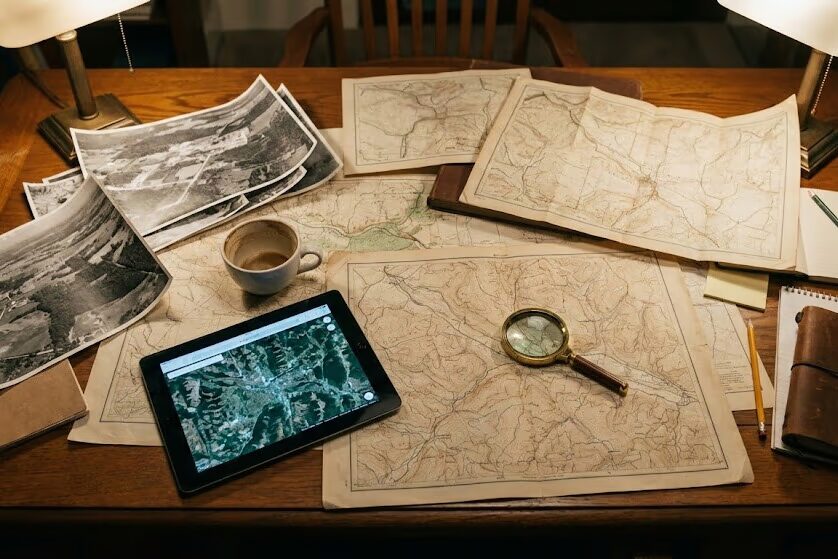 Vintage topographic maps and aerial photographs spread out for metal detecting site research
