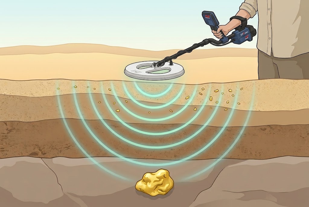 Cross-section illustration of a pulse induction detector coil signal reaching small shallow and large deep gold nuggets underground