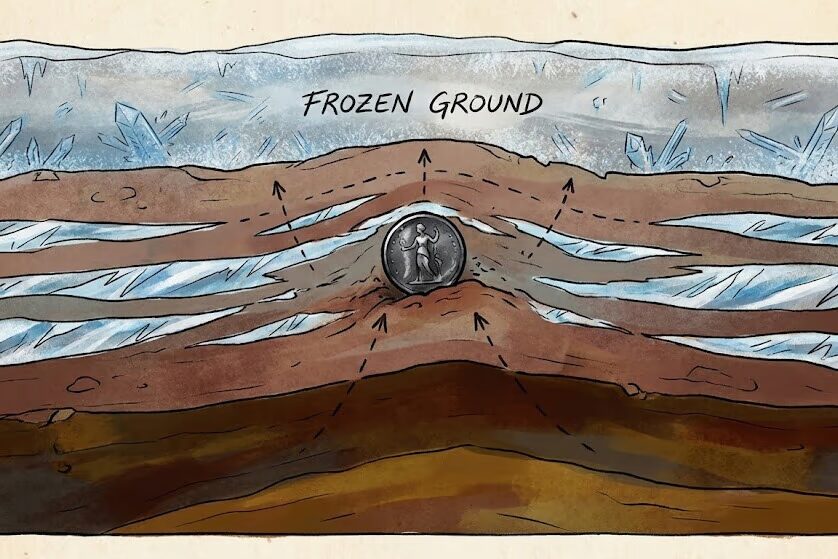 Cross-section diagram showing frost heave process lifting buried coins upward through soil layers during winter freeze-thaw cycles