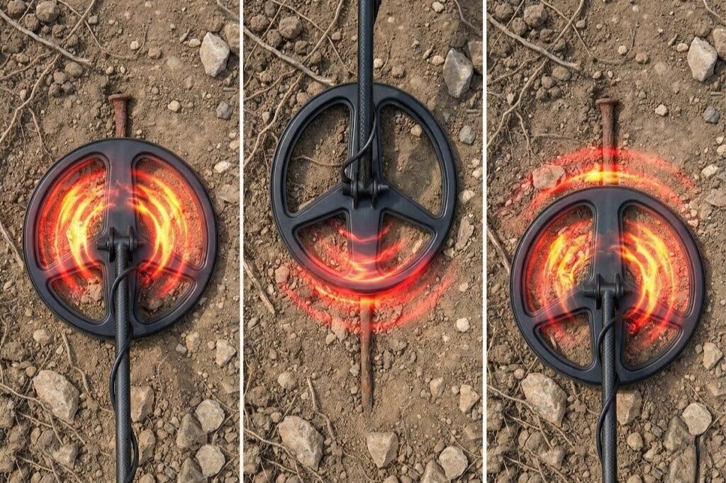 Metal detector coil positions showing iron nail underneath with changing audio tone patterns from front to back sweep technique