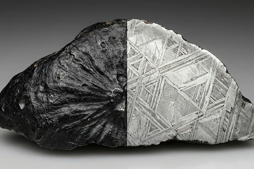 Close-up of iron meteorite specimen showing dark fusion crust exterior and bright metallic iron-nickel interior cut surface