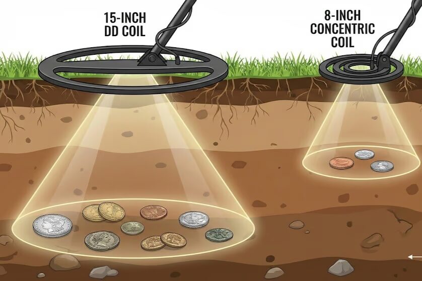 Large 15-inch and small 8-inch metal detector coils side by side showing depth penetration differences