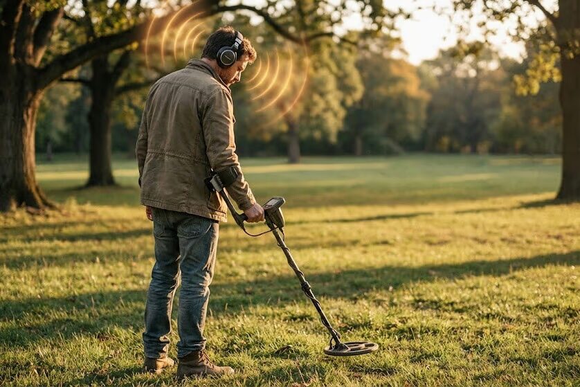Metal detectorist wearing headphones concentrating on audio signals while sweeping coil over ground in park setting