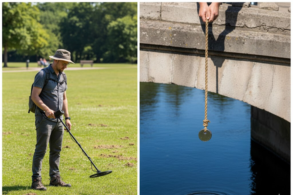 Side-by-side comparison showing metal detector on land and neodymium fishing magnet in water for treasure hunting hobby comparison