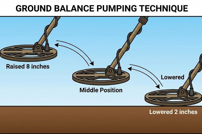 Metal detector coil demonstrating proper pumping motion for ground balancing showing height variations