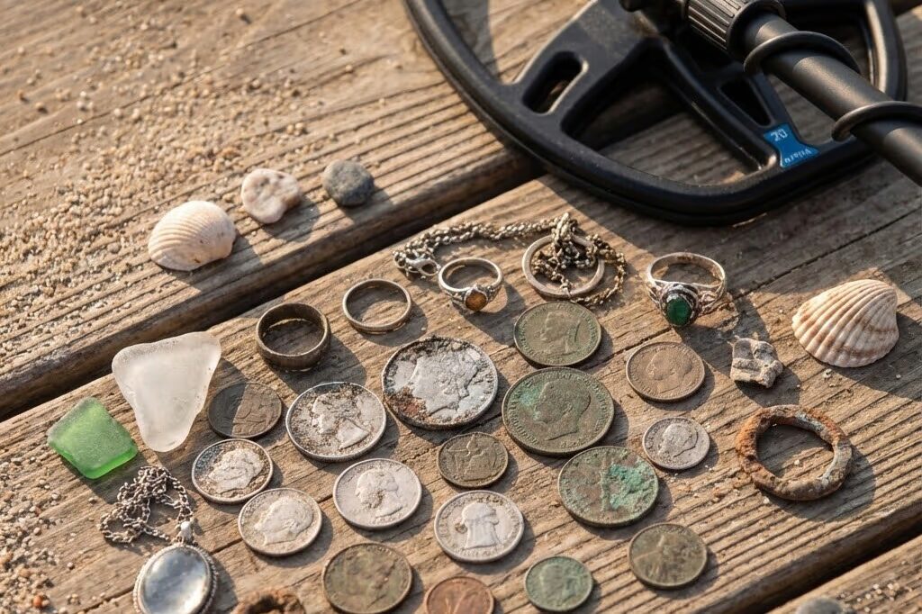 Collection of coins and jewelry recovered from beach treasure hunting with metal detector