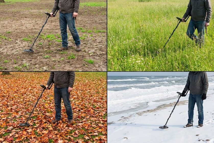 Four panel comparison showing metal detecting conditions in spring, summer, fall and winter highlighting seasonal differences in vegetation and soil