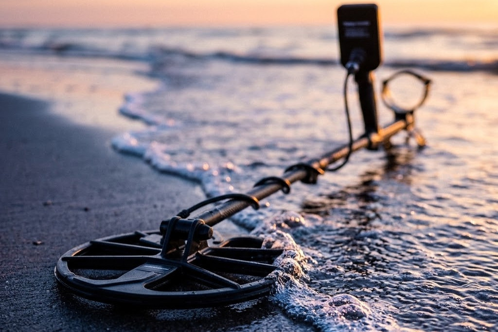 Waterproof metal detector coil sweeping wet salt sand at the tide line, best beginner detector for beach and shallow water