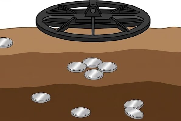 Visual diagram showing metal detector depth capabilities comparing coin detection at different soil depths for treasure hunting