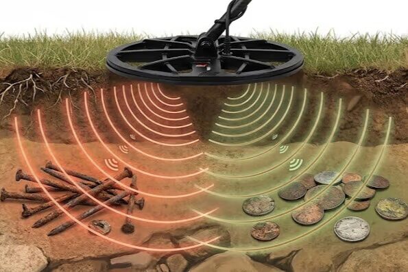 Metal detector separating valuable targets from iron trash in contaminated hunting sites
