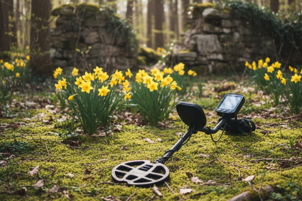 Metal detector lying on forest floor near old stone foundation with daffodils blooming, showing abandoned homestead detection site