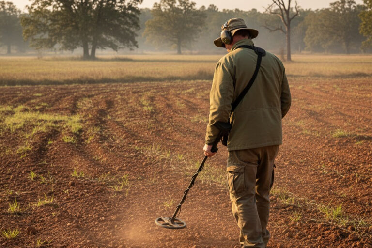 Metal detector user sweeping coil over iron-rich red clay soil at Civil War historical site showing challenging mineralized ground conditions