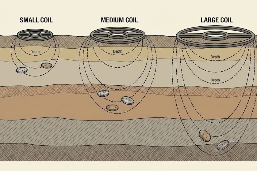 Small medium and large metal detector coil depth comparison showing 6-inch 11-inch and 15-inch detection depths in soil
