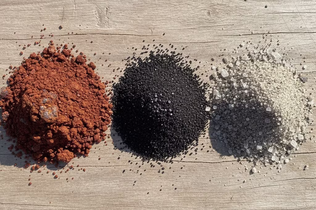 Three soil samples showing red clay iron-rich soil, black volcanic sand, and wet beach sand representing different types of mineralized ground for metal detecting