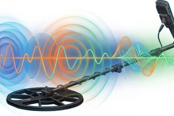 Visual representation of multi-frequency metal detector technology showing different frequency waves for gold and silver detection
