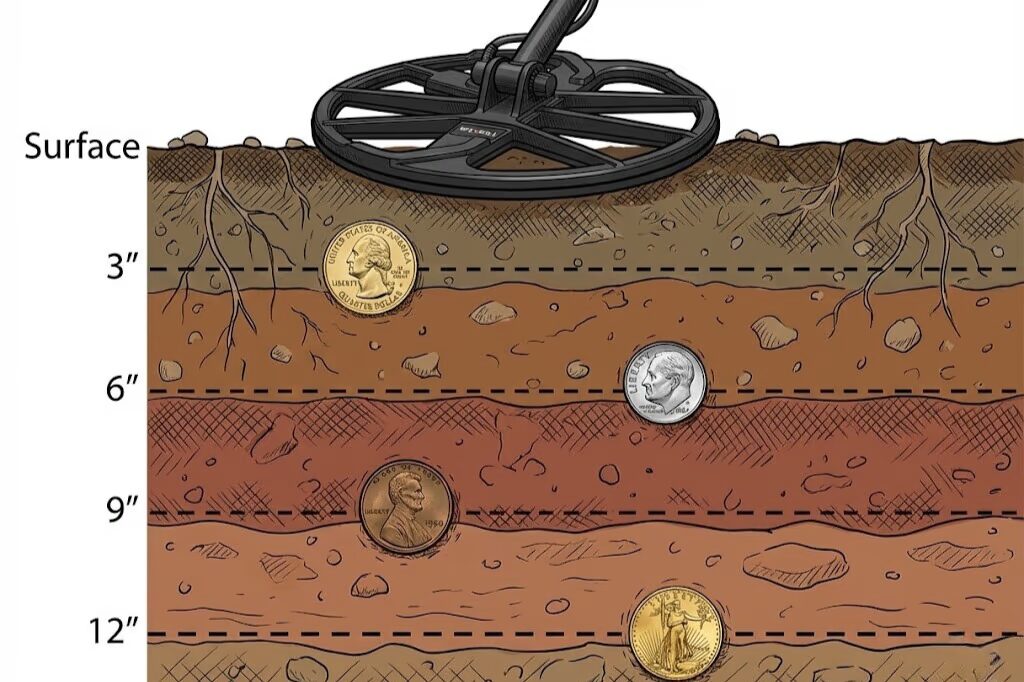 Visual comparison showing coin detection depths at 6-9 inches underground with Nokta Simplex Ultra metal detector