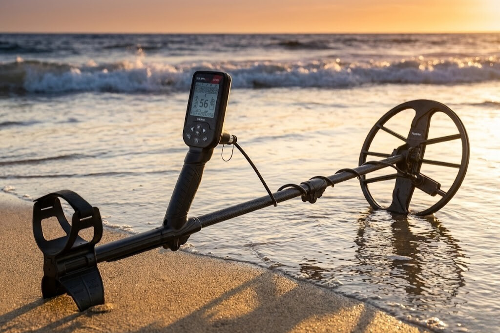 Nokta Simplex Ultra metal detector being used at beach with water in background showing IP68 waterproof capabilities
