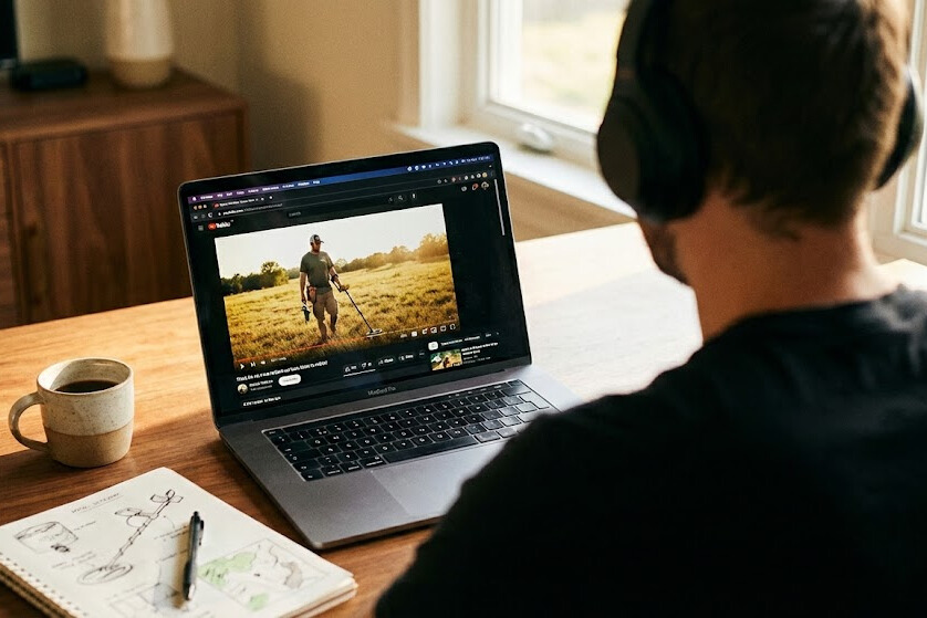 Person learning metal detecting YouTube tutorial videos on laptop with headphones showing treasure hunting channel content