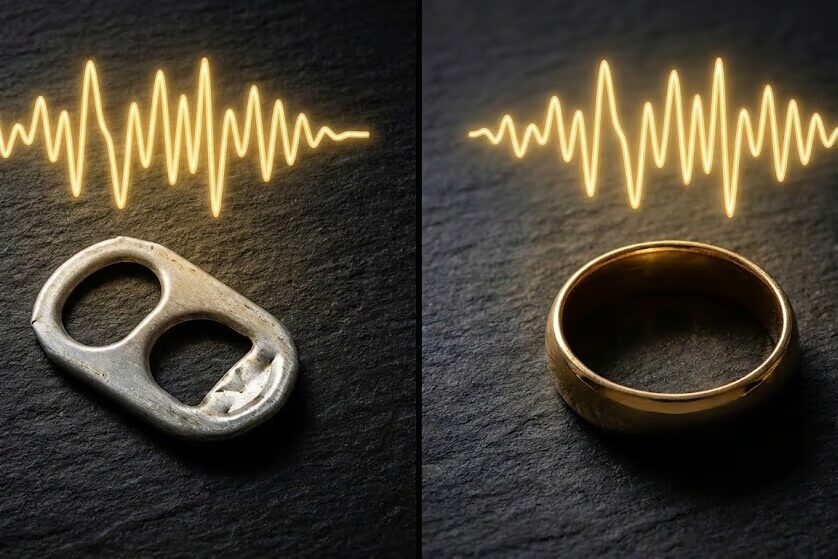 Side by side comparison of aluminum pull tab and 14K gold ring showing nearly identical VDI readings and similar mid-tone audio patterns