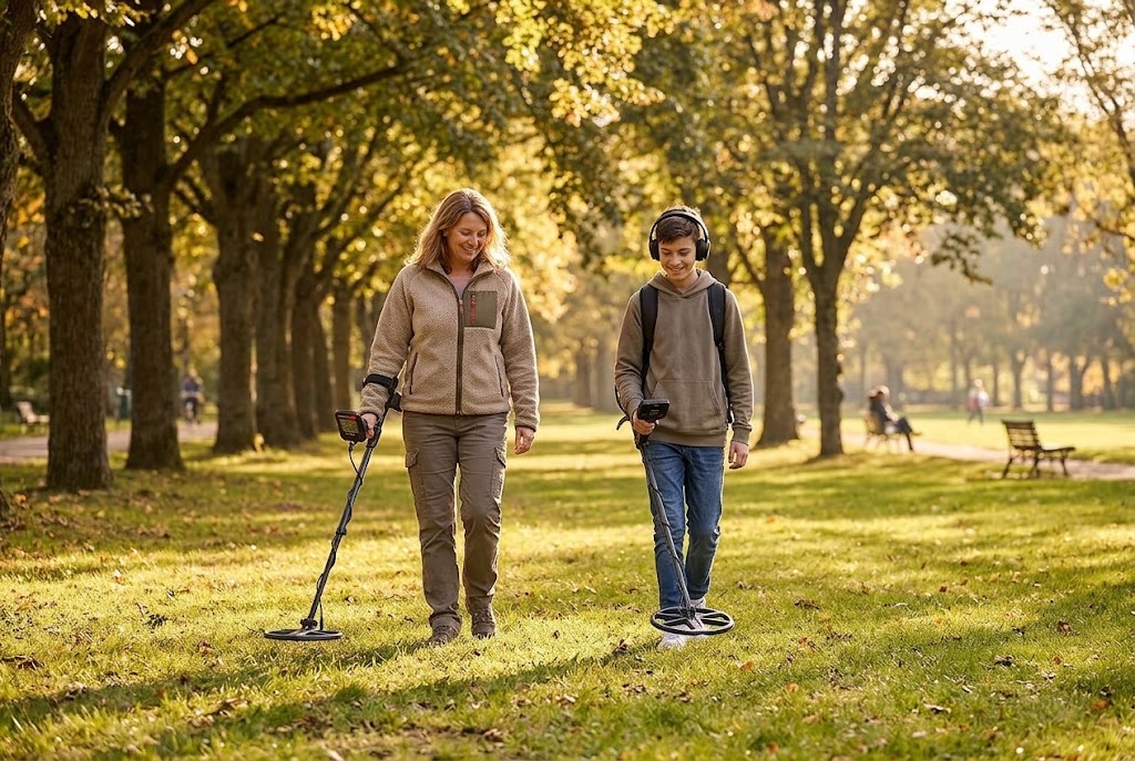 Parent and teenager metal detecting together in a park, Simplex Ultra vs ICON for kids and teens