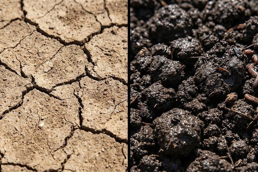 Side by side comparison showing dry cracked soil versus dark moist wet soil demonstrating optimal conditions for metal detecting after rain
