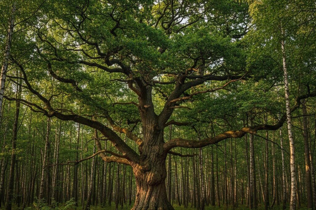 Large old oak tree standing alone among younger trees indicating historical homestead yard for treasure hunting