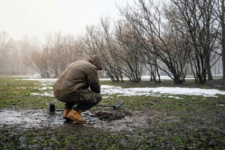 Metal detectorist hunting for coins in early spring park with bare ground and minimal vegetation showing optimal detecting conditions
